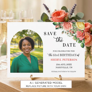 Elegant Floral Photo 53rd Birthday Party Save The Date