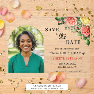 Elegant Floral Photo 54th Birthday Save the Date Acrylic Invitations
