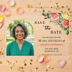 Elegant Floral Photo 54th Birthday Save the Date Acrylic Invitations