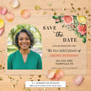 Elegant Floral Photo 61st Birthday Save the Date Acrylic Invitations