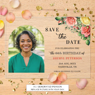 Elegant Floral Photo 64th Birthday Save the Date Acrylic Invitations