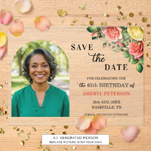 Elegant Floral Photo 65th Birthday Save the Date Acrylic Invitations