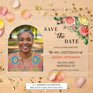 Elegant Floral Photo 68th Birthday Save the Date Acrylic Invitations