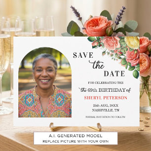 Elegant Floral Photo 69th Birthday Party Save The Date
