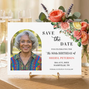 Elegant Floral Photo 80th Birthday Party  Save The Date