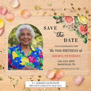 Elegant Floral Photo 94th Birthday Save the Date Acrylic Invitations