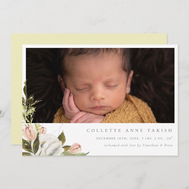 Elegant Floral Photo Birth Announcement (Front/Back)