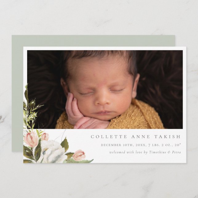 Elegant Floral Photo Birth Announcement (Front/Back)