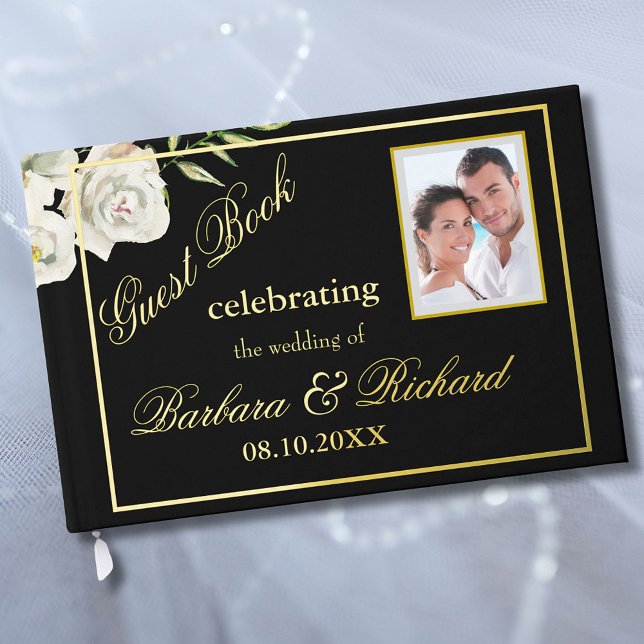 Elegant Floral Photo Black Wedding Gold Foil  Guest Book (Creator Uploaded)