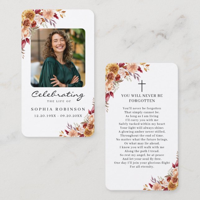 Elegant Floral Photo Funeral Memorial Prayer Card (Front/Back)