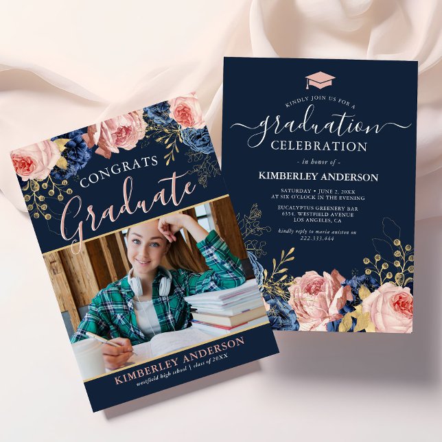 Elegant Floral Photo Graduation Party Invitation (Creator Uploaded)