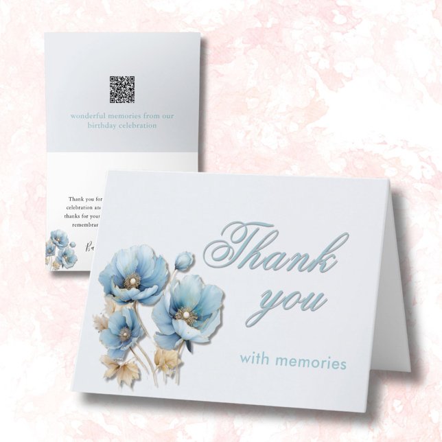 Elegant Floral Photo QR Link Any Year Birthday  Thank You Card (Creator Uploaded)
