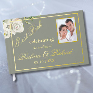 Elegant Floral Photo Sage Green Wedding Gold Foil  Guest Book