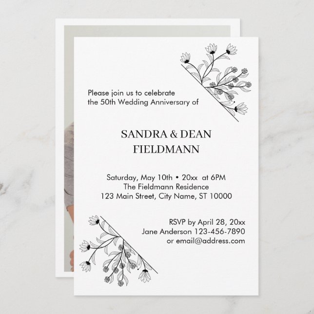Elegant Floral Photo Wedding 50th Anniversary Invitation (Front/Back)