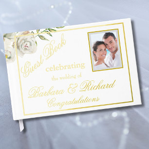 Elegant Floral Photo Wedding Reception Gold Foil  Guest Book