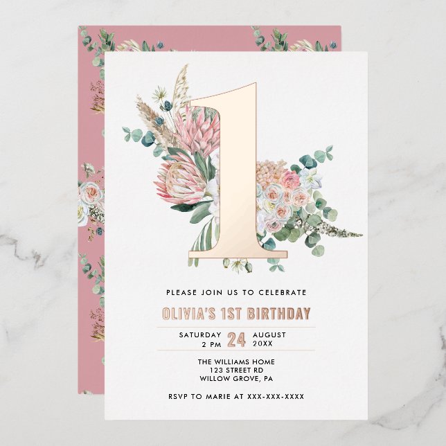 Elegant Floral Pink 1st Birthday Invitation  (Front/Back)