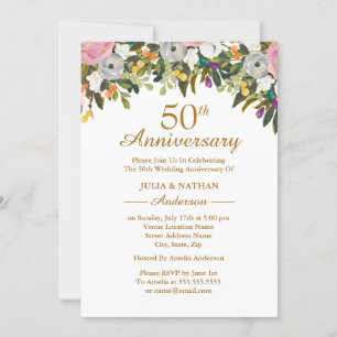 Elegant Floral Pink 50th Wedding Anniversary Invitation