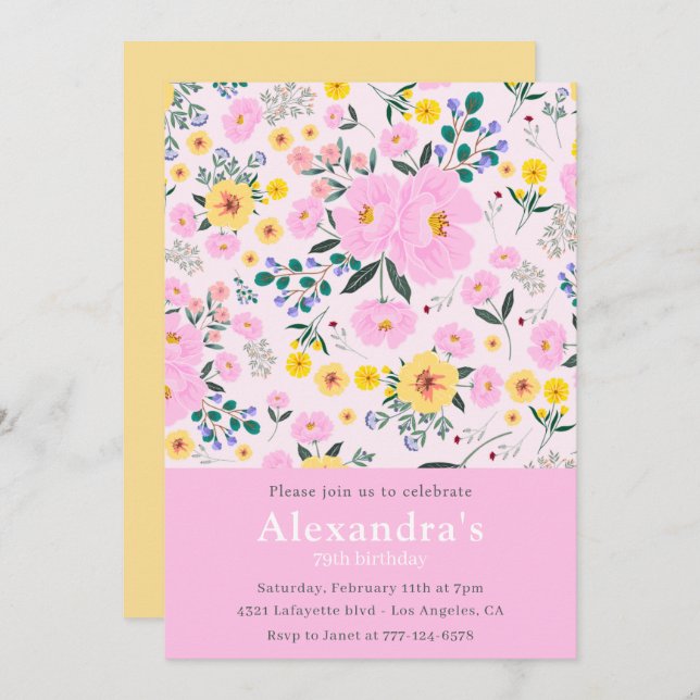 Elegant Floral Pink 79th birthday Invitation (Front/Back)
