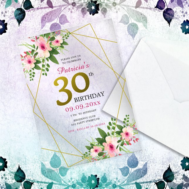 Elegant Floral Pink And Gold 30th Birthday Acrylic Invitations (Elegant Floral Pink And Gold 30th Birthday Acrylic Invitations)