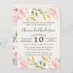 Elegant Floral Pink And Gold 75th Birthday Invitation