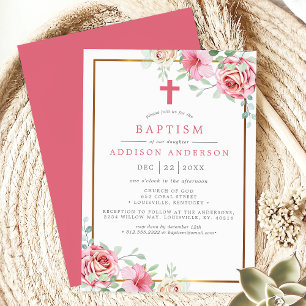 Elegant Floral Pink and Gold with Cross Baptism Invitation