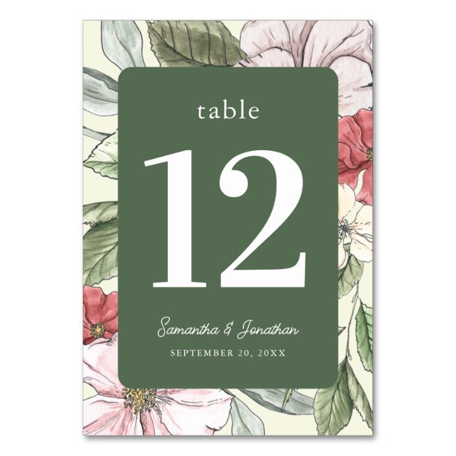 Elegant Floral Pink and Sage Green Fall Table Number (Front)