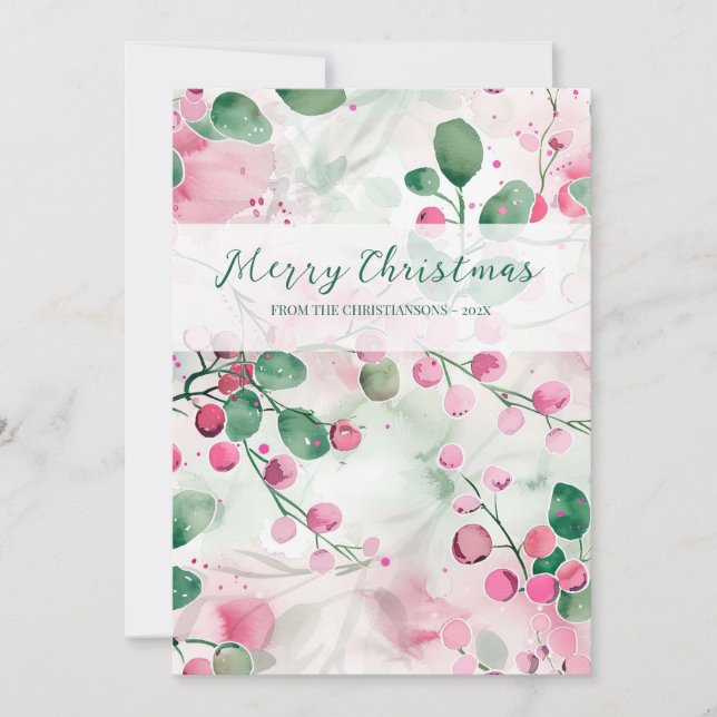 Elegant Floral Pink Berries Christmas Holiday Card (Front)