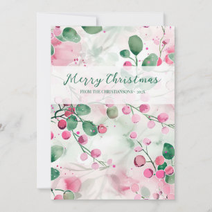  Elegant Floral Pink Berries Christmas Holiday Card