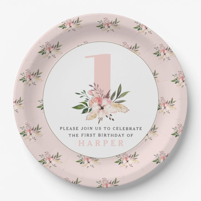 Elegant floral pink birthday party paper plates. plate (Front)