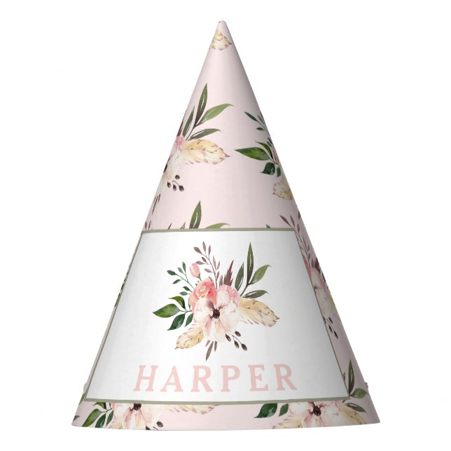 Elegant floral pink birthday party  party hat (Front)