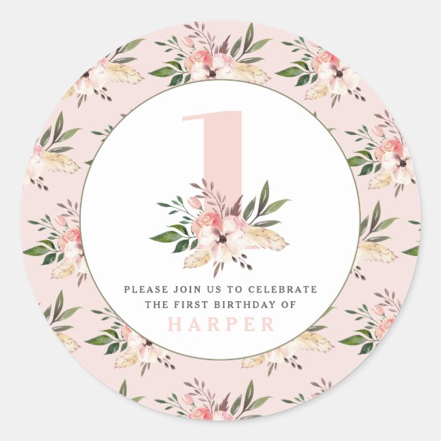 Elegant floral pink birthday stickers (Front)