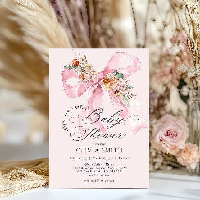 Elegant Floral Pink Bow Baby Shower Invitation (Creator Uploaded)