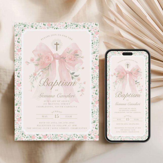 Elegant Floral Pink Bow Baptism Invitation (Creator Uploaded)