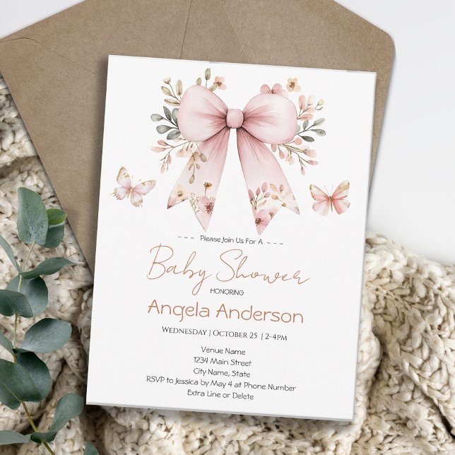 Elegant Floral Pink Bow Girl Baby Shower Invitation (Creator Uploaded)