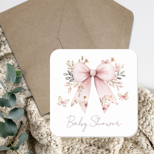 Elegant Floral Pink Bow Girl Baby Shower Square Sticker (Creator Uploaded)