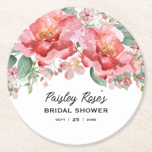 Elegant Floral Pink Bridal Shower Round Paper Coaster