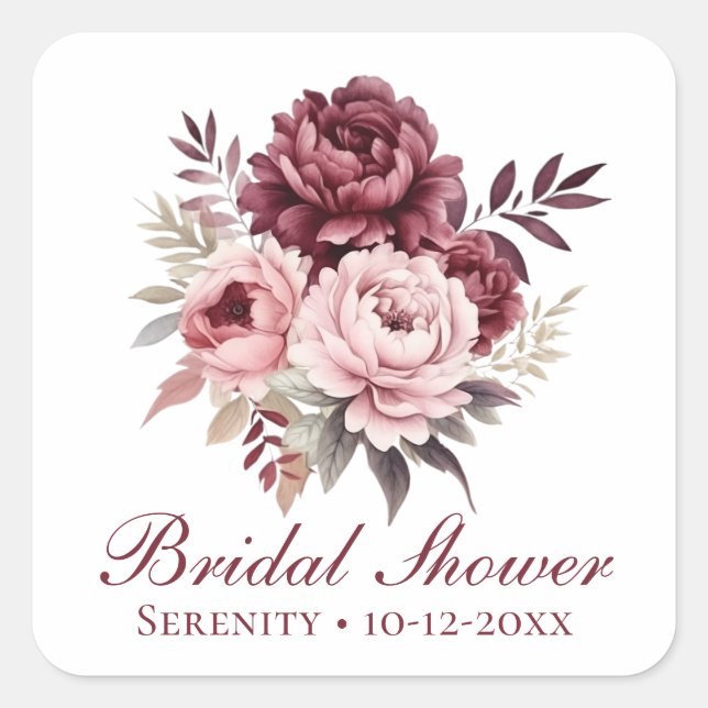 Elegant Floral Pink Burgundy Peony Bridal Shower Square Sticker (Front)