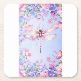 Elegant Floral Pink Dragonfly Paper Coaster