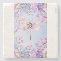 Elegant Floral Pink Dragonfly Stone Coaster