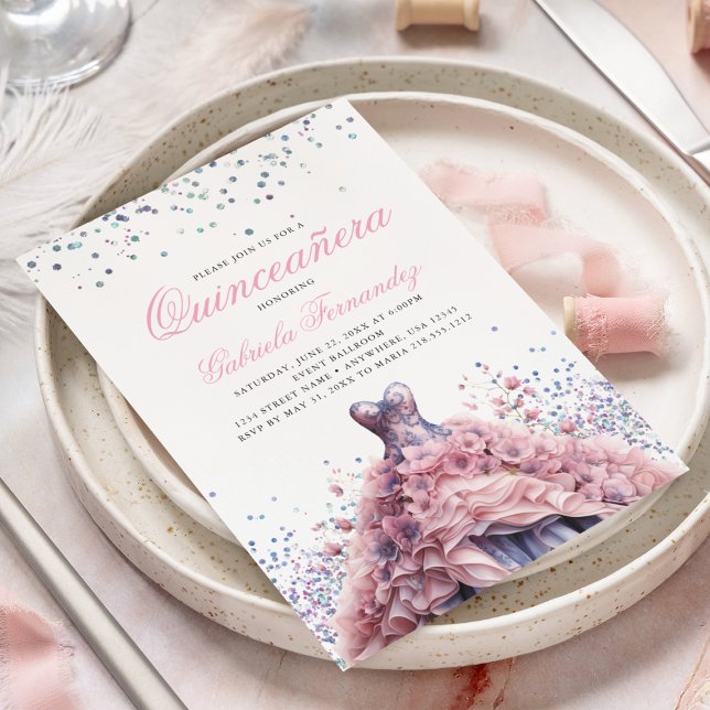 Elegant Floral Pink Dress Quinceanera Invitation (Creator Uploaded)