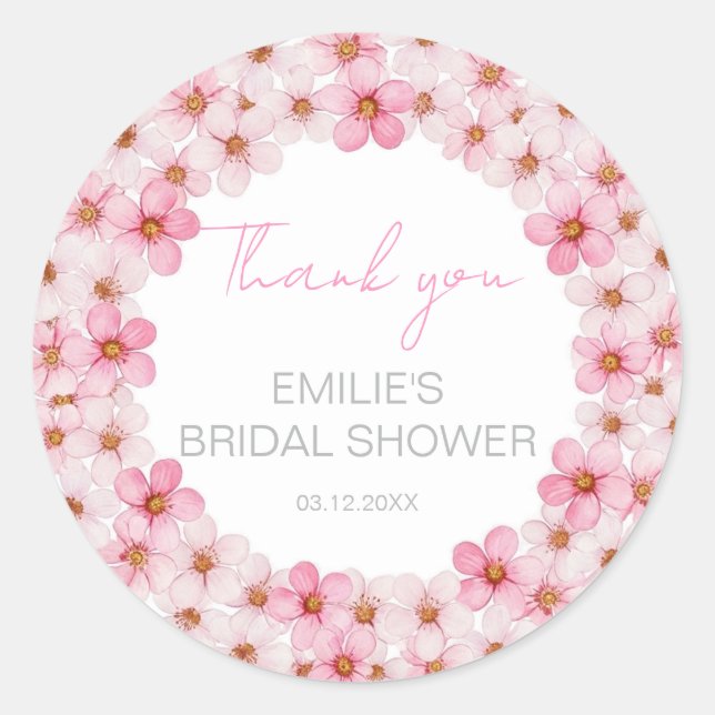 Elegant Floral Pink Floral Thank You Bridal Shower Classic Round Sticker (Front)