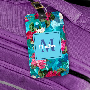 Elegant floral pink flowers blue pattern luggage tag