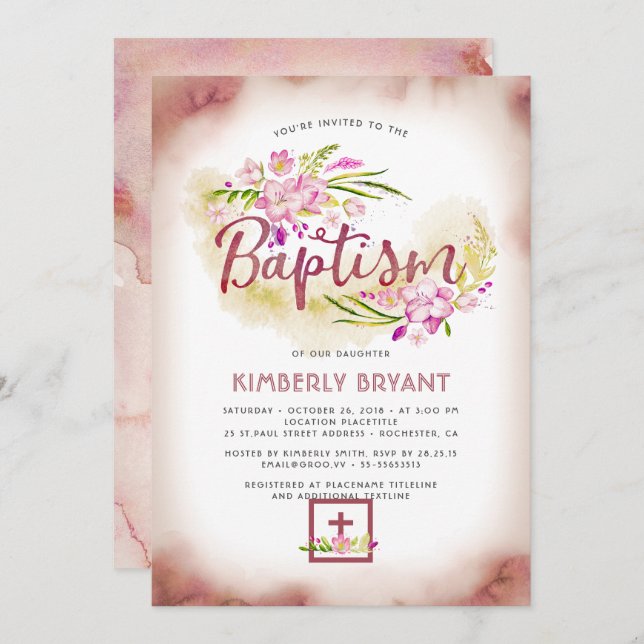 Elegant Floral Pink Girls Baptism Invitation (Front/Back)