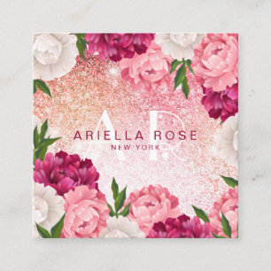 Elegant Floral Pink Glitter Square Business Card