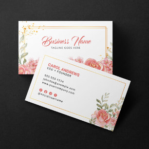 Elegant Floral Pink Gold Accent Botanical Greenery Business Card