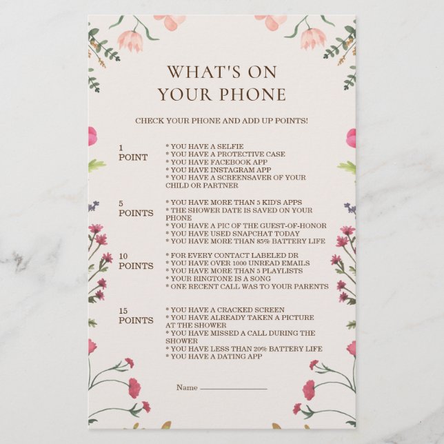 Elegant Floral Pink Green What's on The Phone Game (Front)