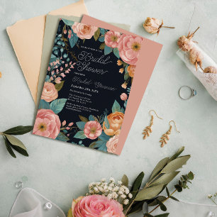 Elegant Floral Pink Navy Peonies Bridal Shower Invitation
