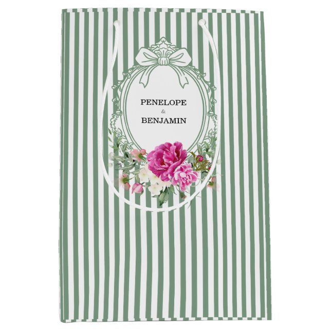Elegant Floral Pink Peony Crest Wedding Medium Gift Bag (Front)