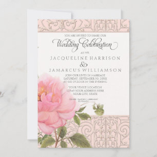 Elegant Floral Pink Peony Flowers Vintage Wedding Invitation