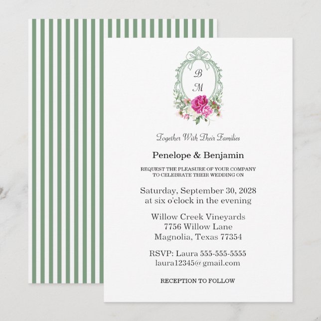 Elegant Floral Pink Peony Monogram Wedding Invitation (Front/Back)